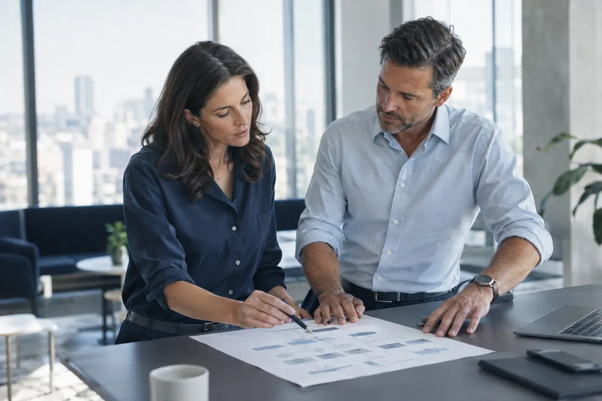 An HR leader and a business owner reviewing an org chart together