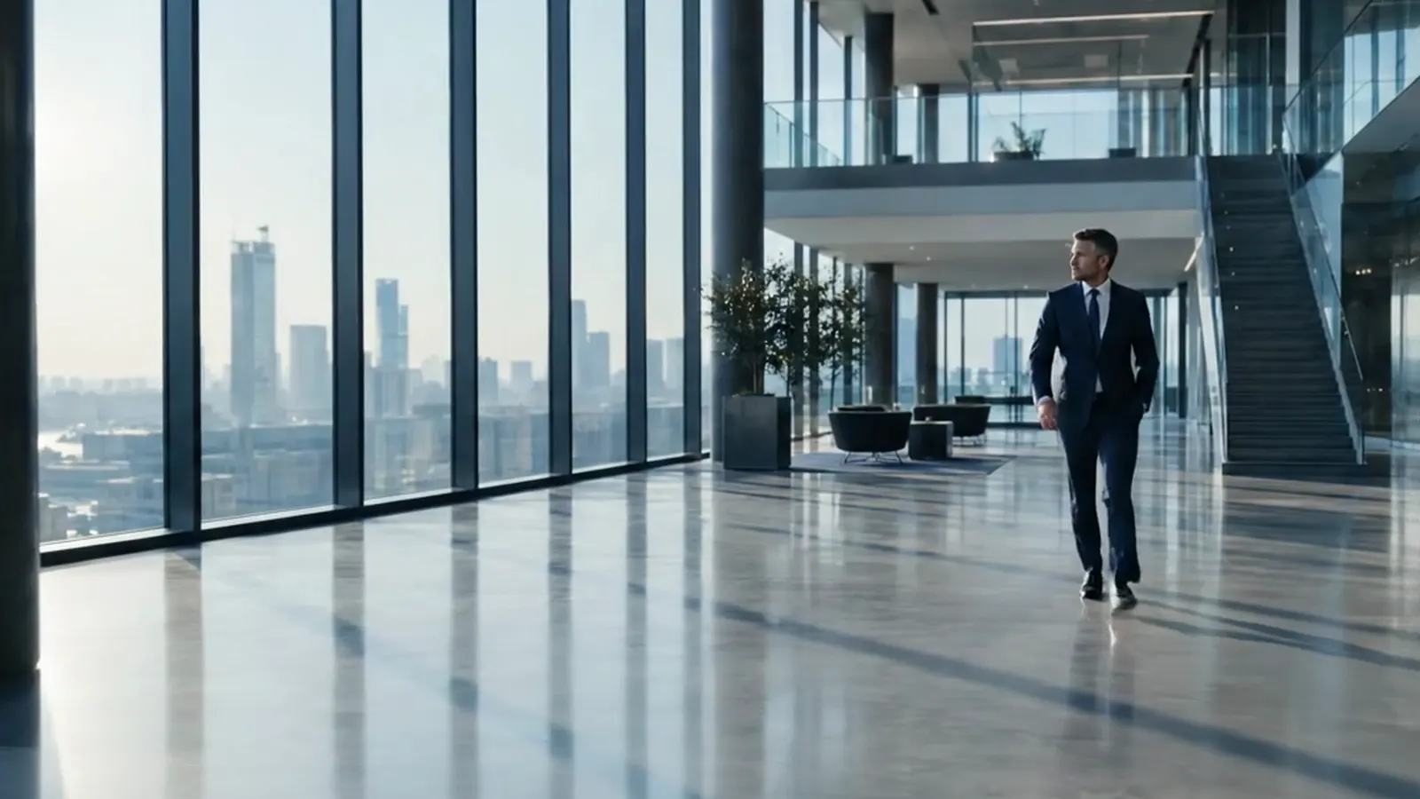 A business leader walking through a modern glass office atrium in morning light