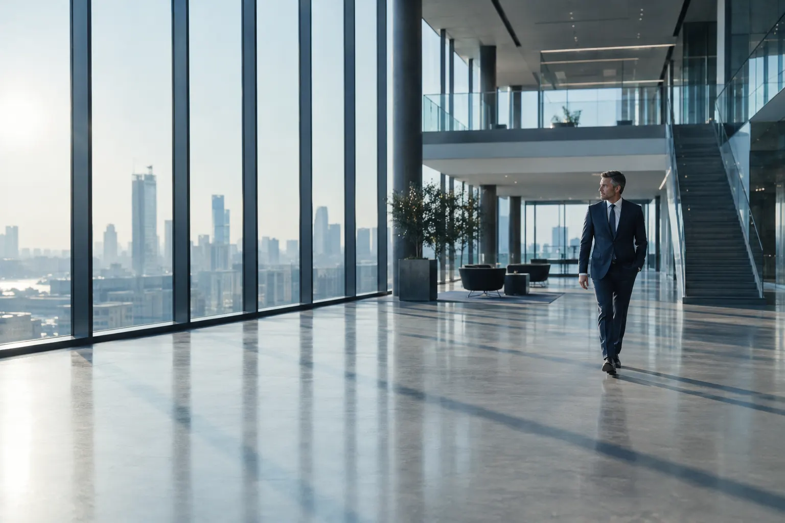 A modern office atrium with a business leader walking through it