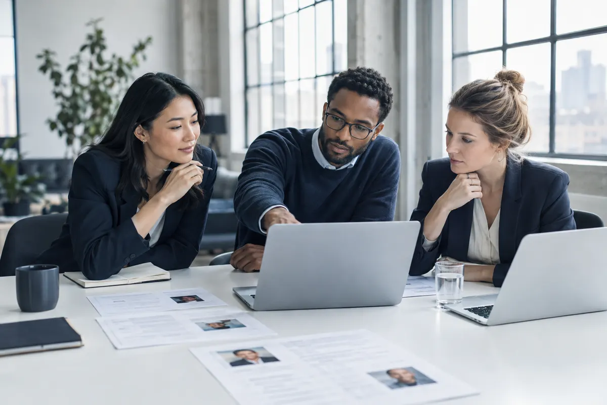 A recruiting team reviewing candidate profiles together at a bright office table