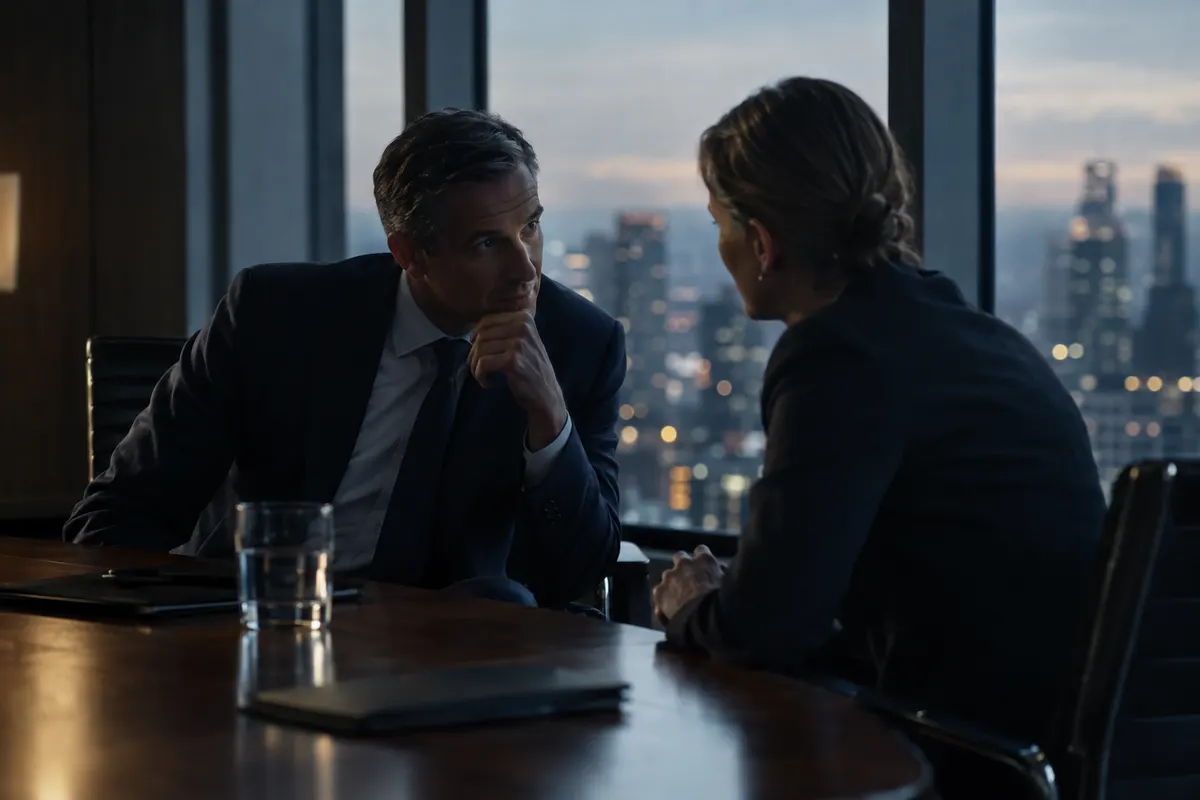 Two executives in conversation at a boardroom table